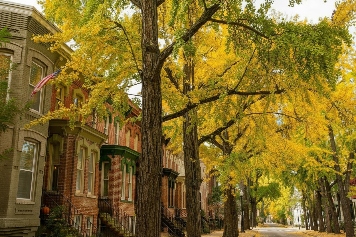 Historic Washington, DC rowhomes beneath golden fall trees